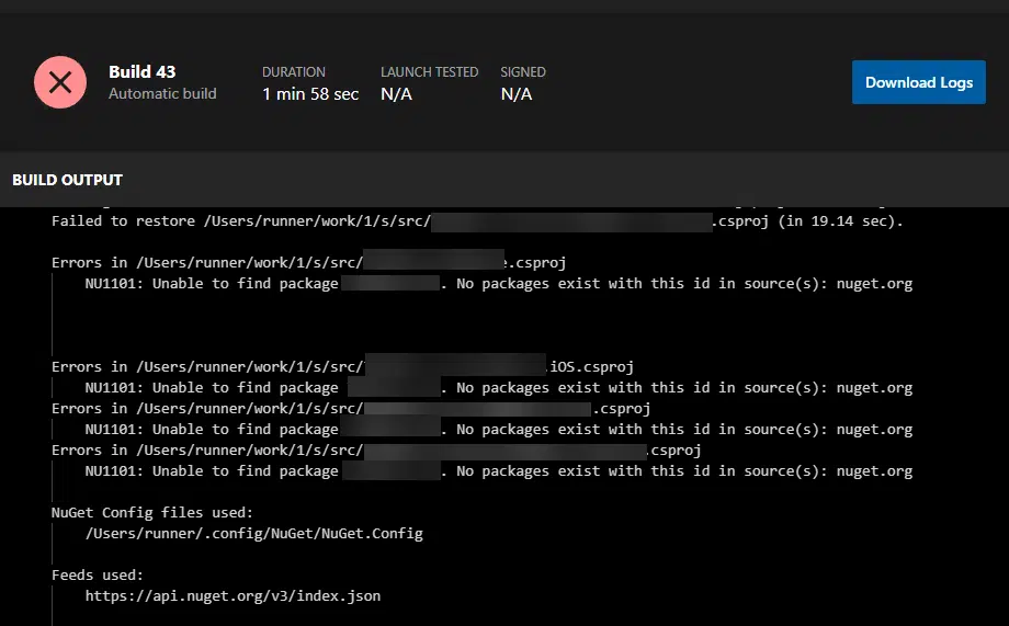 Unable to find package [x]. No packages exist with this id in the source(s): nuget.org
