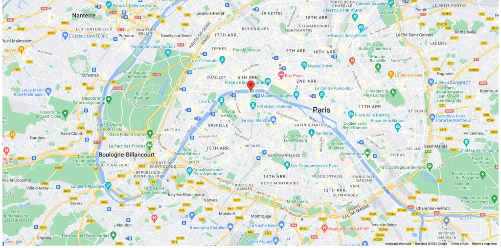 Google map with Paris coordinates and a marker for the Eiffel Tower