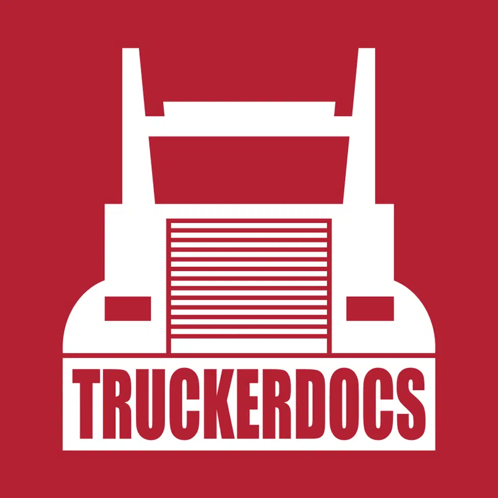 Logo for an app that helps truckers featuring a black silhouette of a big rig truck over a red background with the app's name in red text.